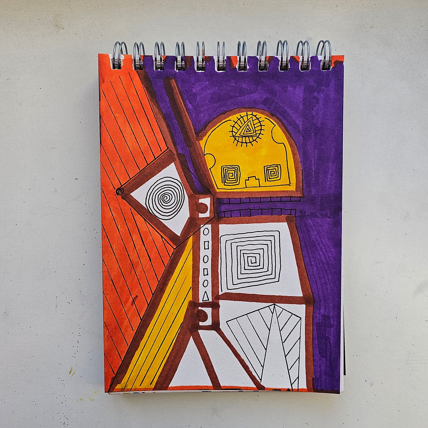 Alt Text: A colorful marker drawing by artist FatbikeHero (b. 1983) titled Spaceman Walking on Planet Shroom. The abstract geometric composition features a yellow dome-like shape containing an eye inside a triangle, square spirals, and diagonal orange stripes, all set against a deep purple background. Alt Text: A colorful marker drawing by artist FatbikeHero (b. 1983) titled Spaceman Walking on Planet Shroom. The abstract geometric composition features a yellow dome-like shape containing an eye inside a triangle, square spirals, and diagonal orange stripes, all set against a deep purple background.