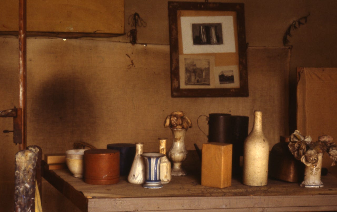 Objects from Giorgio Morandi's studio in Bologna, photographed by Paolo Monti in 1981.