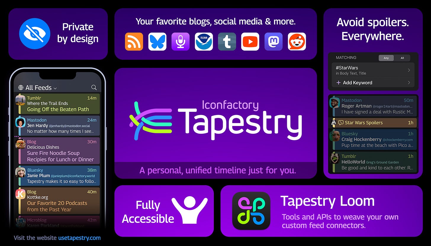 Iconfactory's post featuring the Tapestry app. A post features several rectangular blocks, reading, from top left: Private by design; Your favorite blogs, social media and more; Avoid spoilers everywhere; A personal unified timeline just for you; Fully Accessible; Tools and APIs to weave your own custom feed connectors. An iPhone depicting a custom feed with posts from Tumblr, Mastodon, Blog, Bluesky, and more.