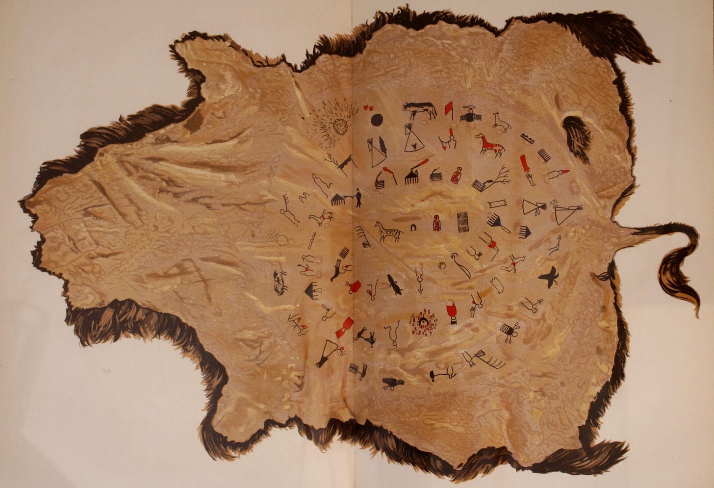A spiral of small painted pictographs, one for each winter from 1800 to 1871, starting at the center. A spiral of small painted pictographs, one for each winter from 1800 to 1871, starting at the center.