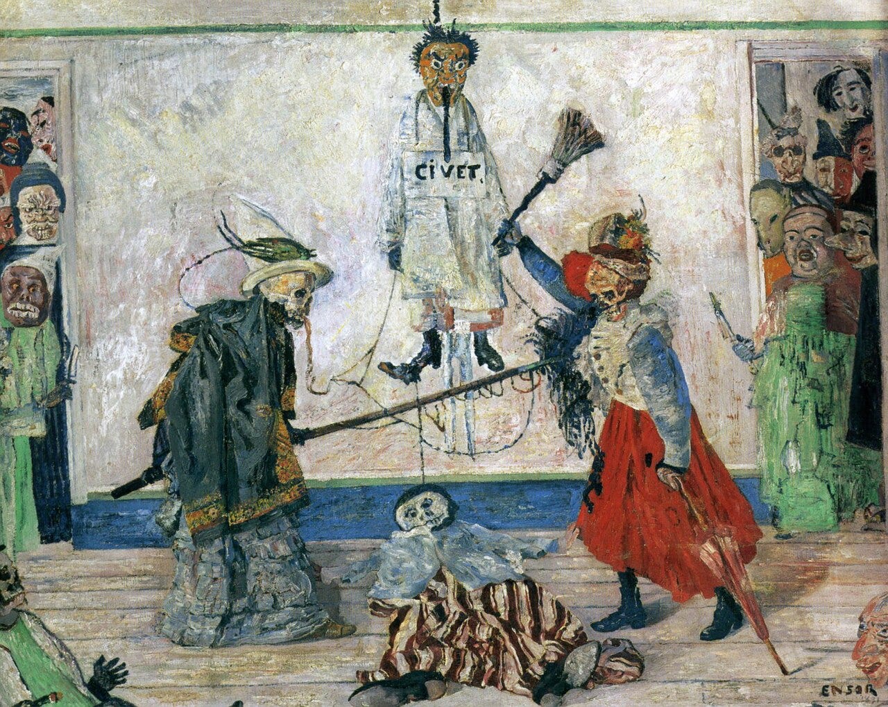 Skeletons in wigs brawling under a hanged body, Ensor Skeletons in wigs brawling under a hanged body, Ensor