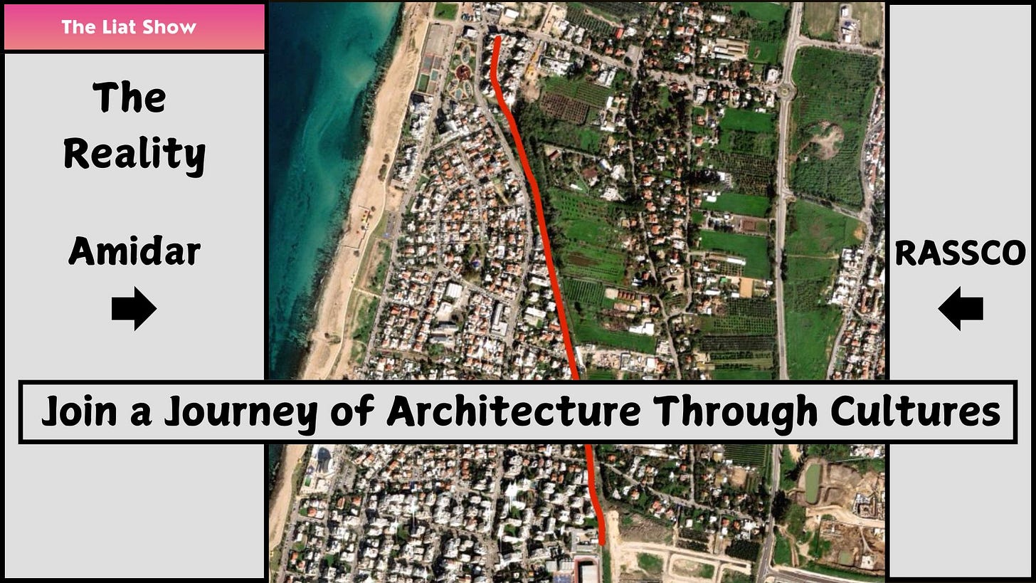 An aerial satellite image divided by a bold red line, showing stark contrasts between two adjacent neighborhoods. The left side, labeled "Amidar," features a dense urban area near the coastline, while the right side, labeled "Rassco," displays spacious green plots and upscale housing. The banner at the bottom reads "Join a Journey of Architecture Through Cultures" under The Liat Show branding. The image illustrates the long-standing spatial and socio-economic divide in Israeli residential planning.