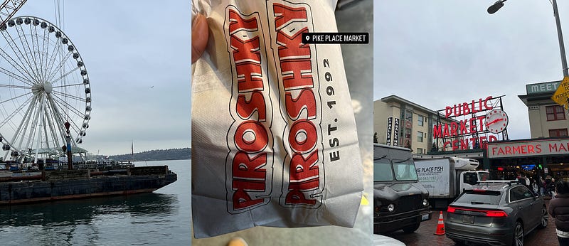 A picture looking out at Central Waterfront; an IG story picture of my holding a bag of pastries from Piroshky Piroshky; a picture outside of Pike Place Market