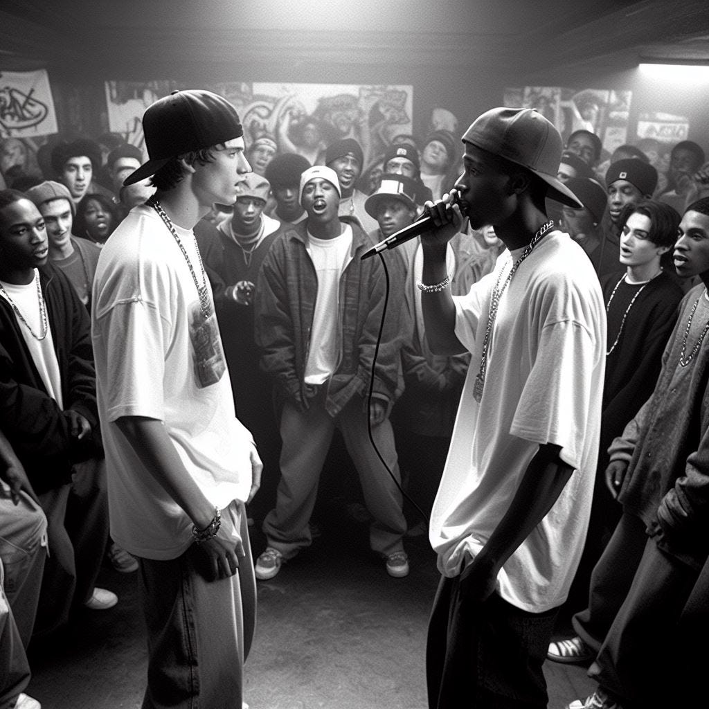 hazme una foto de una batalla de rap entre dos personas a inicio de los 2000
