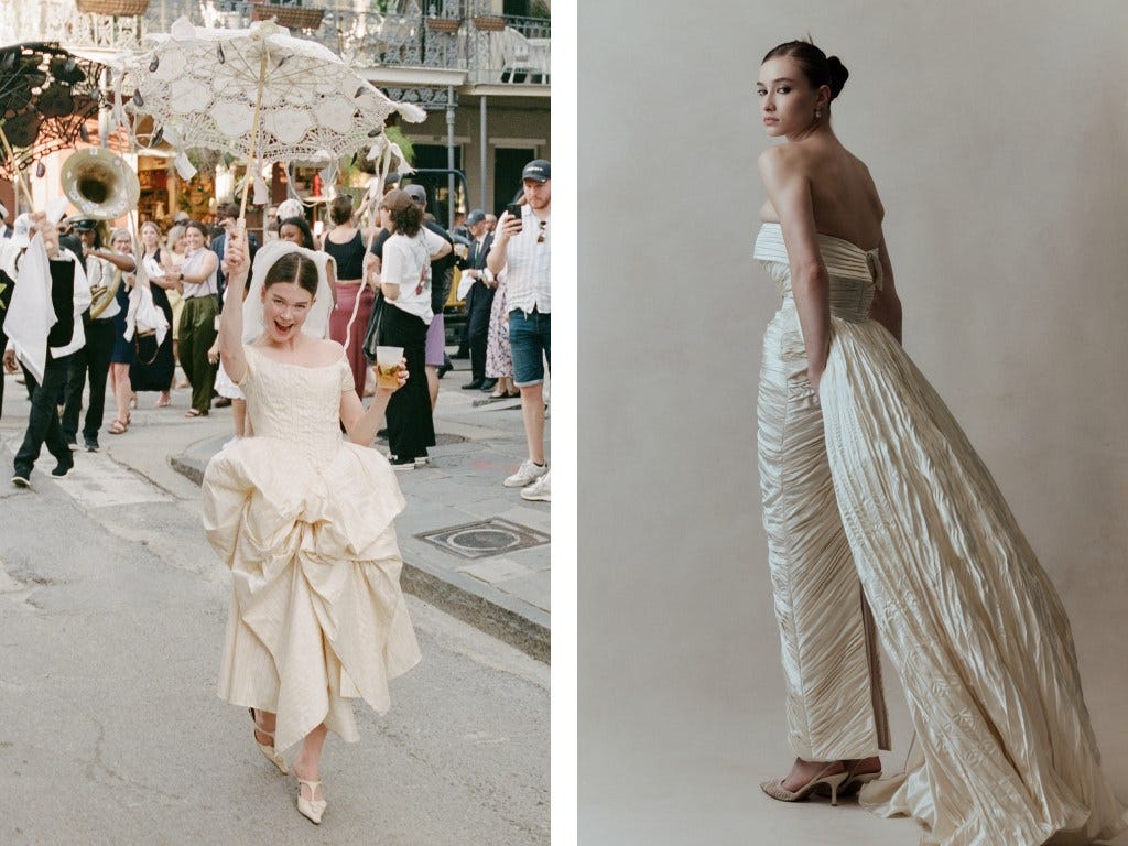 Image credits (L-R): Michelle Pullman and St.Chelle, from This bride wore vintage and couture—and an archival Vera Wang veil—for her whimsical New Orleans wedding; courtesy of Floure Studio Tea-length gowns An extension of mid-century romance, brides are swapping floor-sweeping gowns for more practical, demure ankle and tea-length cuts. Another bonus is that you can properly show off a heel. Floure Studio points to Audrey Hepburn’s iconic Funny Face Givenchy gown as a reference.