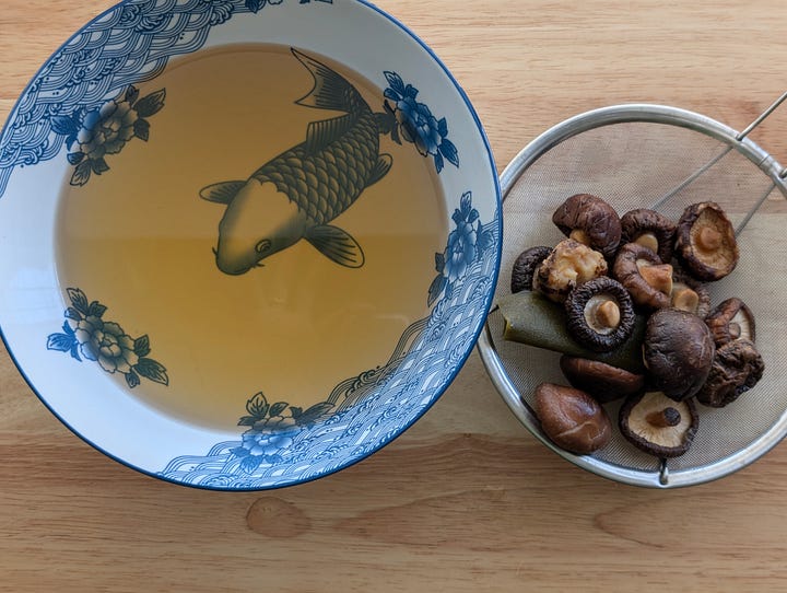 Side-by-side images showing dried shiitake mushrooms soaking in water on the left, and the strained, clear dashi broth on the right.