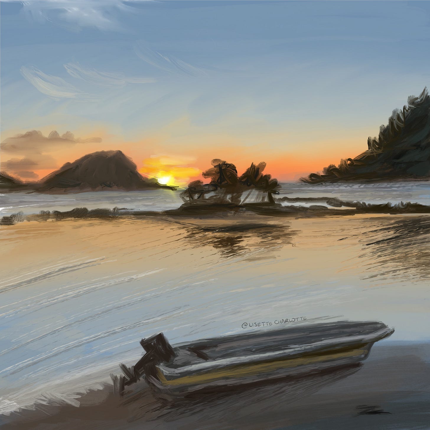 A digital painting of a boat in front of an ocean at sunrise, in Mangareva, Gambier Islands, French Polynesia