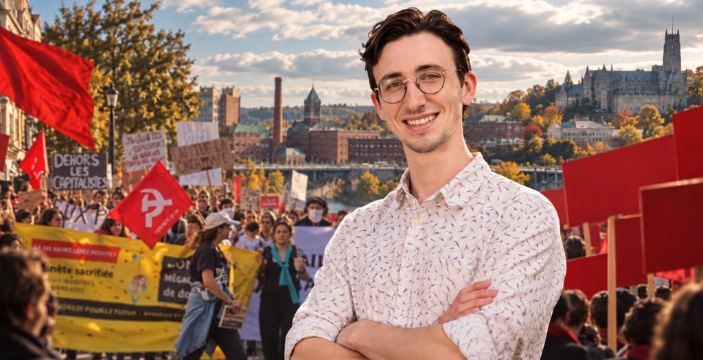 Image actuelle : Léo Boivin devant une manifestation aux drapeaux rouges à Sherbrooke