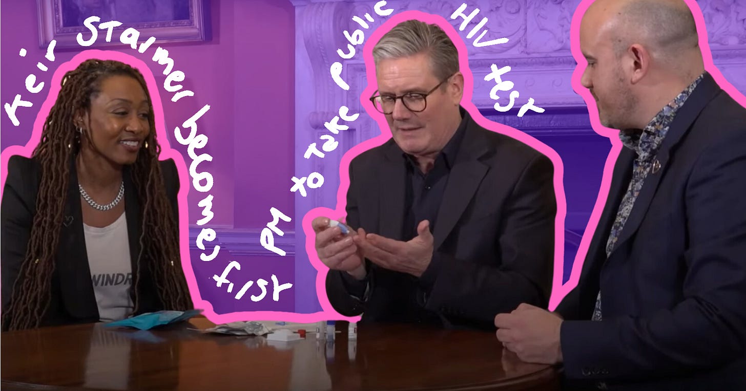 A digital photograph featuring three people sitting at a table. Keir Starmer, the UK Prime Minister, is holding a small test kit while discussing HIV testing. The image is edited with a pink outline and has handwritten text stating, "Keir Starmer becomes first PM to take public HIV test." A digital photograph featuring three people sitting at a table. Keir Starmer, the UK Prime Minister, is holding a small test kit while discussing HIV testing. The image is edited with a pink outline and has handwritten text stating, "Keir Starmer becomes first PM to take public HIV test."