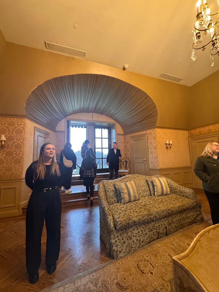 From top left to bottom right: The Oheka Castle bridal suite on the top floor where Taylor shot the "Blank Space" scene on the bed with her cat and heart cake; Kevin Jonas got married at Oheka and ... turned this room into a skate park (?) lol; an undisclosed movie starring Ryan Reynolds coming out here soon is in the process of filming a closet scene in this castle room right now; me :) walking through the gardens :) living my dream :) so happy :)