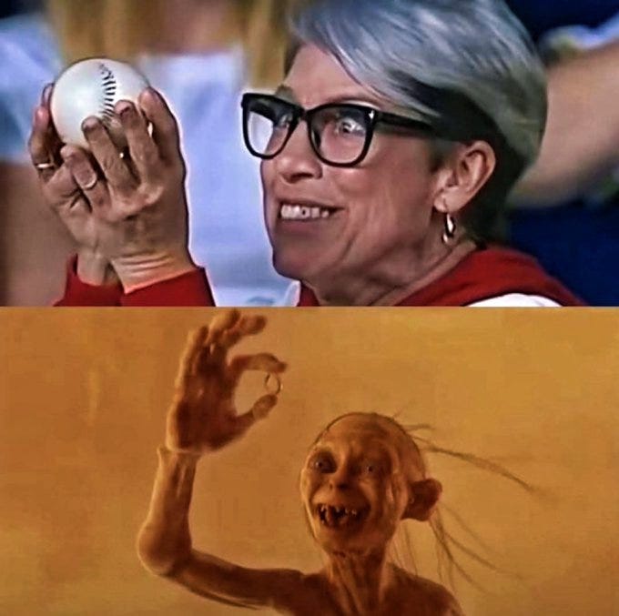 A woman with gray hair and glasses wearing a red and white shirt holds a baseball in both hands, smiling. Below, Gollum from Lord of the Rings raises a hand with an OK gesture, showing a mischievous expression. A woman with gray hair and glasses wearing a red and white shirt holds a baseball in both hands, smiling. Below, Gollum from Lord of the Rings raises a hand with an OK gesture, showing a mischievous expression.