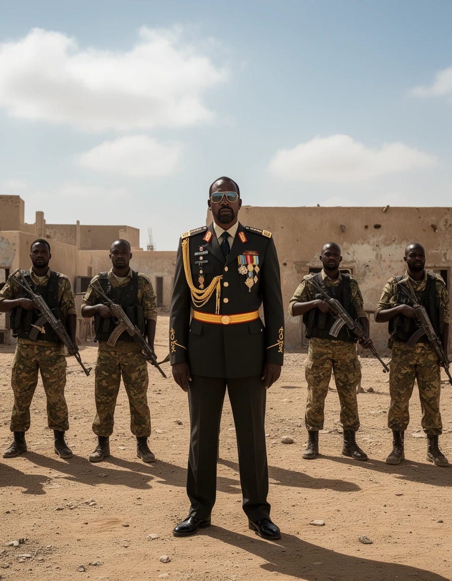 Somalian war lord wearing sunglasses flanked by armed bodyguards Somalian war lord wearing sunglasses flanked by armed bodyguards