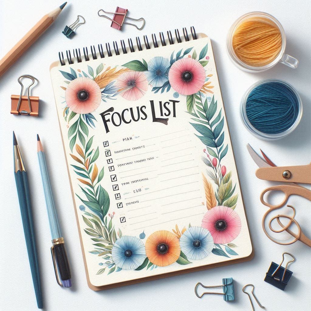 Prompt for the image: “create a banner image showing a notepad with the words "focus list" written”