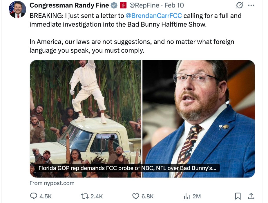 BREAKING: I just sent a letter to @BrendanCarrFCC calling for a full and immediate investigation into the Bad Bunny Halftime Show. In America, our laws are not suggestions, and no matter what foreign language you speak, you must comply. BREAKING: I just sent a letter to @BrendanCarrFCC calling for a full and immediate investigation into the Bad Bunny Halftime Show. In America, our laws are not suggestions, and no matter what foreign language you speak, you must comply.