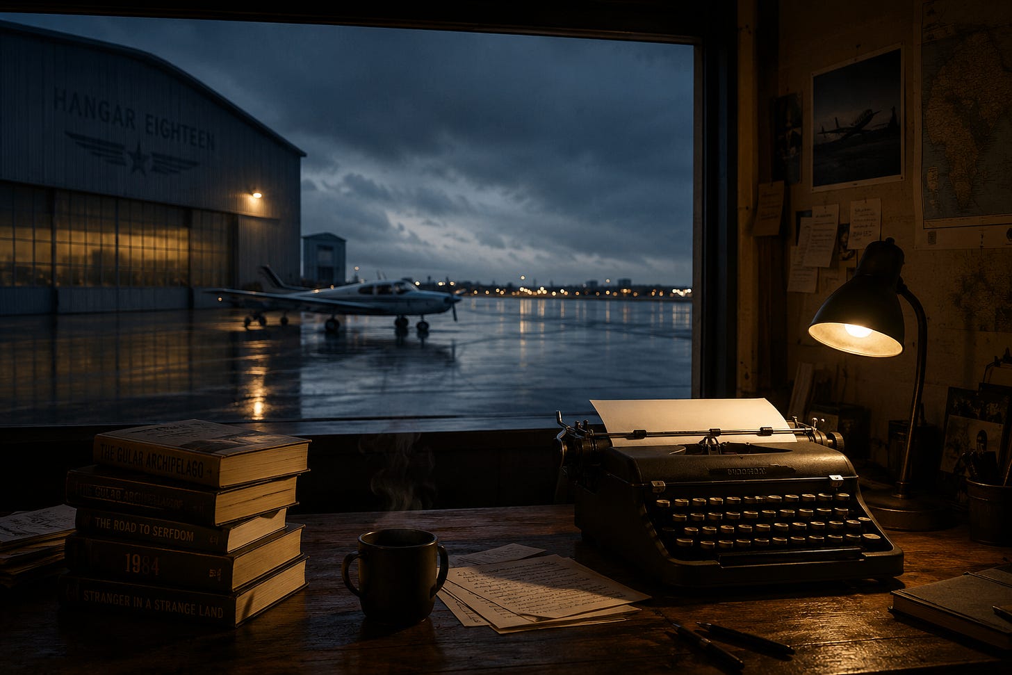 A warmly lit writing desk with a vintage typewriter, books, handwritten pages, and a coffee mug, overlooking a rain-soaked airfield and hangar beneath a dark, overcast sky.