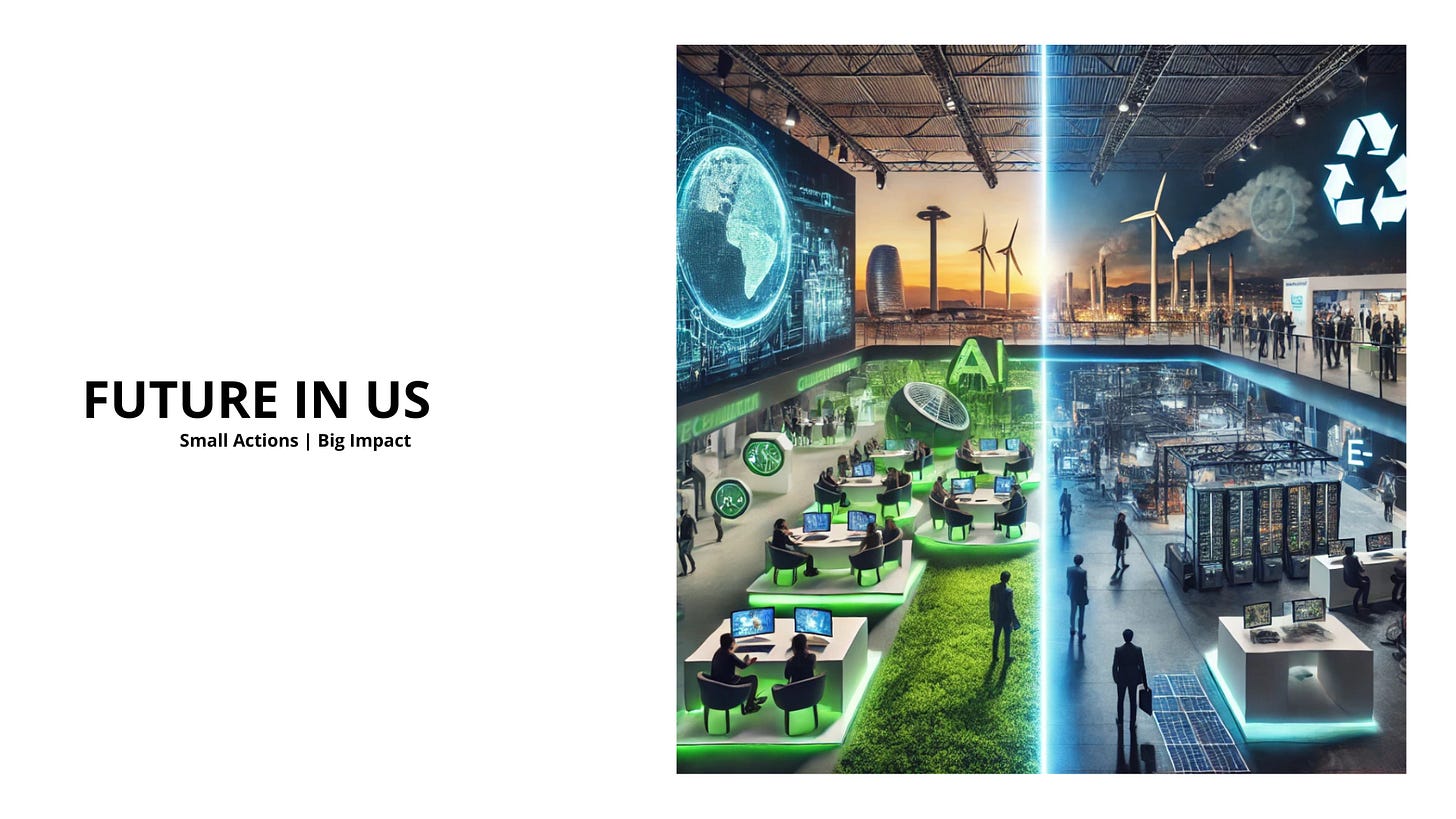 Conceptual image contrasting sustainable innovation with greenwashing: AI-powered workspaces and renewable energy on one side, pollution and data centers on the other. Reflects the question raised in 'Sustainable Innovation or Marketing Hype?' about what's real and what's branding.