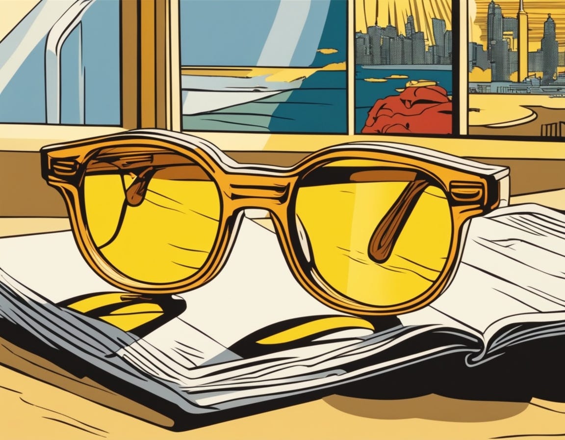 Comic book style image of yellow-lensed glasses sitting on an open book. Comic book style image of yellow-lensed glasses sitting on an open book.