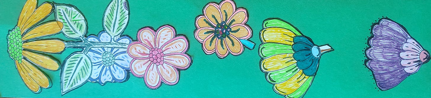Horizontal picture of a rectangular bookmark with green background and flowers with leaves in yello blue and pink on the front