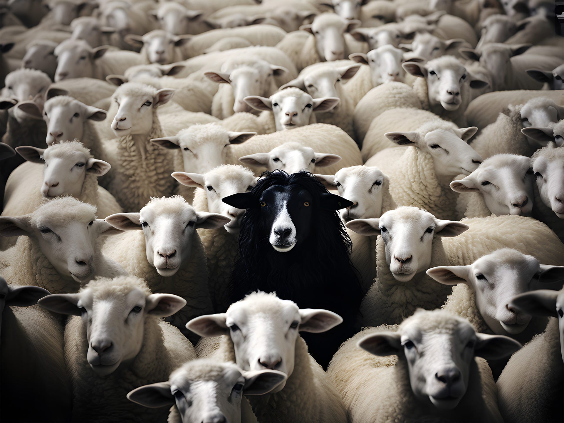 One black sheep in a herd of white sheep