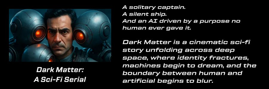 Dark Matter sci-fi serial promotional image featuring a stern-faced man in military attire with two spherical robotic companions displaying glowing orange eyes. Blue background with yellow text describing the series as "A solitary captain. A silent ship. And an AI driven by a purpose no human ever gave" Additional descriptive text promotes the slow-burning cinematic story about identity, machines, and humanity's boundaries in deep space.