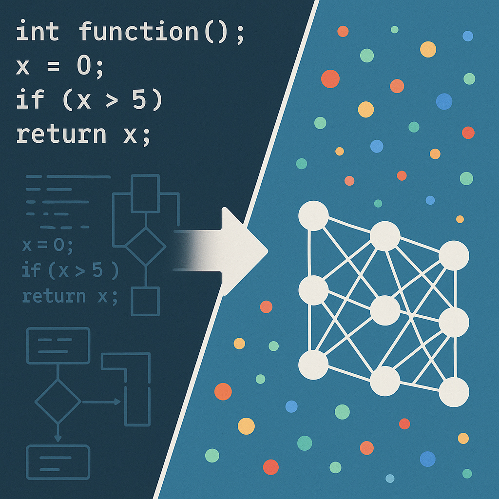 Left side shows monochromatic code and gears representing rule‑based programming; right side shows colorful data points and neural network nodes representing machine learning.