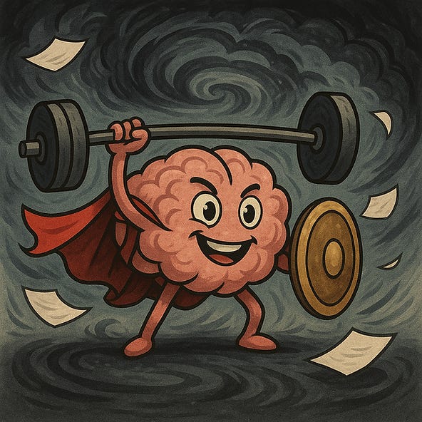 Post-it power-ups, counting your breath, and more give you a mental boost, like this brain lifting a barbell and shielding itself from anxiety.