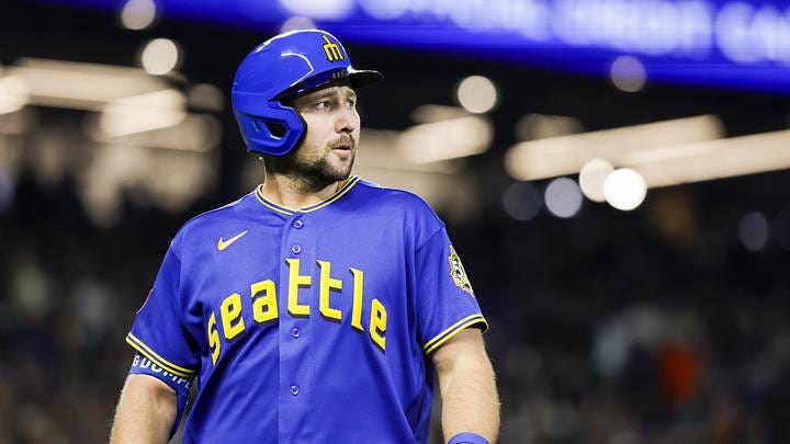 Apr 10, 2026; Seattle, Washington, USA; Seattle Mariners catcher Cal Raleigh (29) reacts after hitting a sacrifice fly against the Houston Astros during the fourth inning at T-Mobile Park. Mandatory Credit: Joe Nicholson-Imagn Images Apr 10, 2026; Seattle, Washington, USA; Seattle Mariners catcher Cal Raleigh (29) reacts after hitting a sacrifice fly against the Houston Astros during the fourth inning at T-Mobile Park. Mandatory Credit: Joe Nicholson-Imagn Images