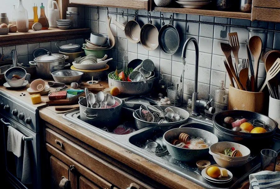 Contaminated Kitchen The kitchen sink and counter are covered in grime, with dirty dishes and discarded food stacked on top.