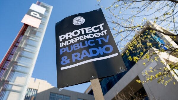  A picket sign that reads “Protect Independent Public TV and Radio” outside of the NPR building.