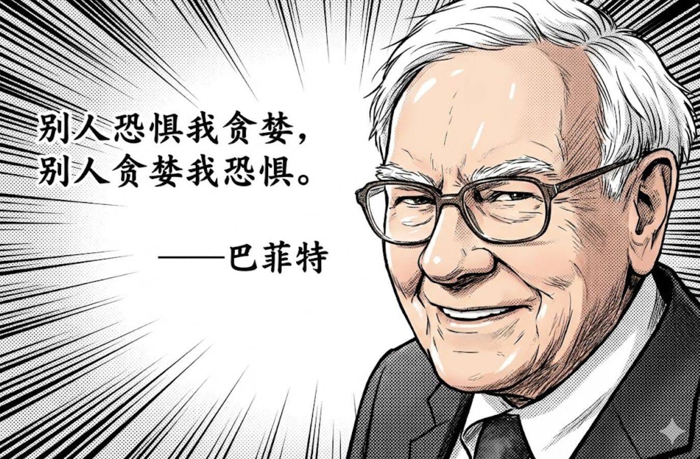 可能是顯示的文字是「 AEINS ORS 别人恐惧我贪婪， 别人贪婪我恐惧。 —巴菲特 আ 」的圖像