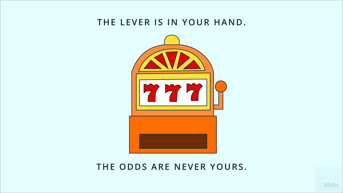 As in a slot machine: the lever is in your hand, but the odds are never yours.
