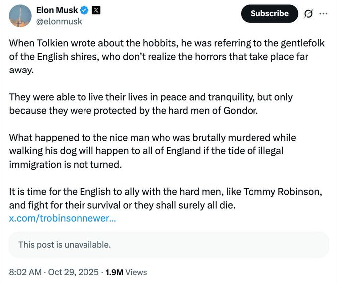 Screenshot of a tweet by Elon Musk with text discussing Tolkien hobbits as English folk protected by hard men of Gondor from immigration horrors referencing brutal murder of a man walking his dog and urging fight with Tommy Robinson or all die.