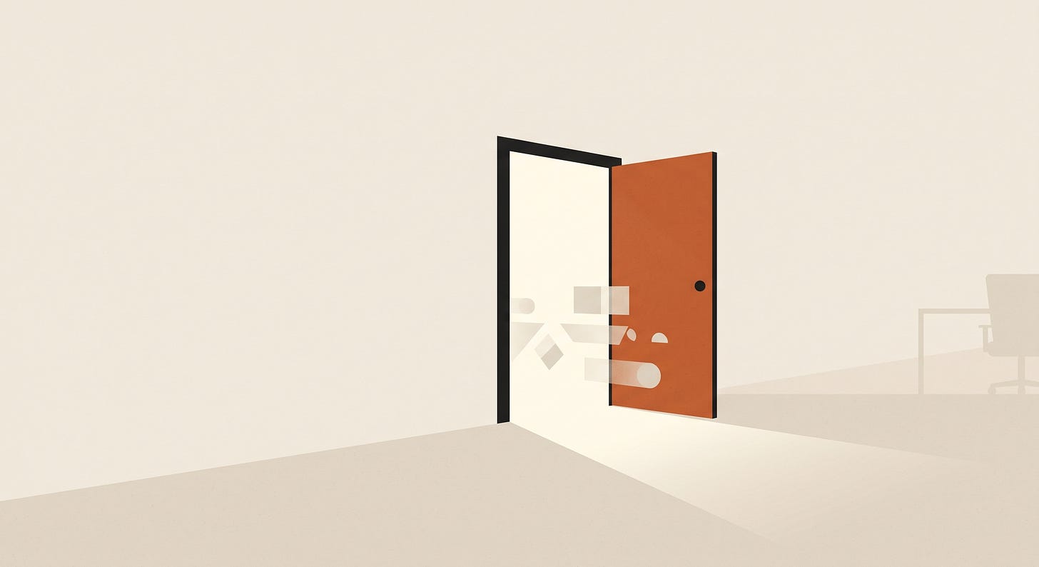 Minimalist illustration of an open orange door in a bare cream-colored room, with faint geometric shapes drifting unnoticed through the gap, and an empty office chair visible in the distance.