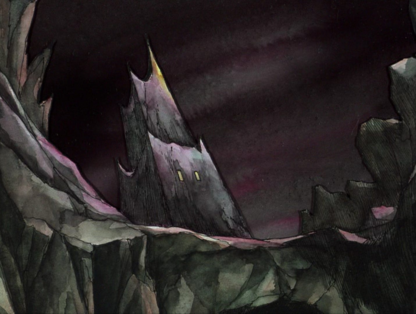 screengrab from Return of the King, the 1980 animated film by Rankin/Bass, picturing a mountainous, rocky environment from Mordor in grays, purples, and blacks. Pointy rocks and a tower with windows for eyes.