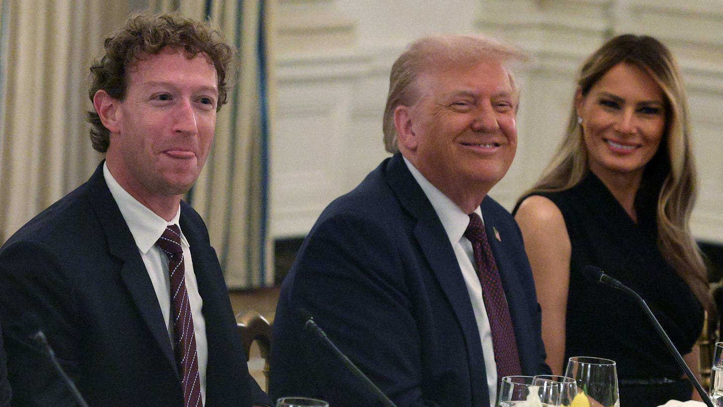 A curly, dark-haired Meta CEO Mark Zuckerberg, wearing a black jacket, white shirt and red and white striped tie; A navy-suited, gray-haired President Trump wearing a navy jacket, white shirt and red tie; a mousy-haired first lady Melania Trump, wearing a black top, smile during a White Housdinner. A curly, dark-haired Meta CEO Mark Zuckerberg, wearing a black jacket, white shirt and red and white striped tie; A navy-suited, gray-haired President Trump wearing a navy jacket, white shirt and red tie; a mousy-haired first lady Melania Trump, wearing a black top, smile during a White Housdinner.