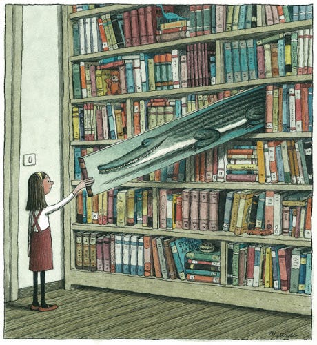 #descrevemospravocê  A ilustração mostra uma menina de perfil, em pé diante de uma estante de livros que ocupa quase toda a imagem. Ela tem pele clara, cabelos castanhos lisos na altura dos ombros, usa vestido vermelho sem mangas sobre camiseta de manga longa branca, meias pretas e sapatos marrons. Ela está estendendo a mão direita para segurar um livro que se destaca na estante. Este livro está aberto e, de dentro dele, sai a imagem de uma baleia azul em perspectiva, projetando-se para fora como se estivesse saindo do livro e atravessando a estante em direção à menina. A baleia está desenhada em tons de azul e cinza, com a boca levemente aberta em um semblante sereno. A estante é alta e está repleta de livros coloridos de diversos tamanhos e cores, empilhados e organizados em pé lado a lado, transmitindo a sensação de uma biblioteca aconchegante e cheia de possibilidades. O chão é de madeira clara, e ao fundo, ao lado esquerdo, vê-se parte de uma parede branca com um interruptor. A imagem transmite a ideia de encantamento, descoberta e imaginação ao explorar os livros, destacando o poder da leitura de transportar para outros mundos.