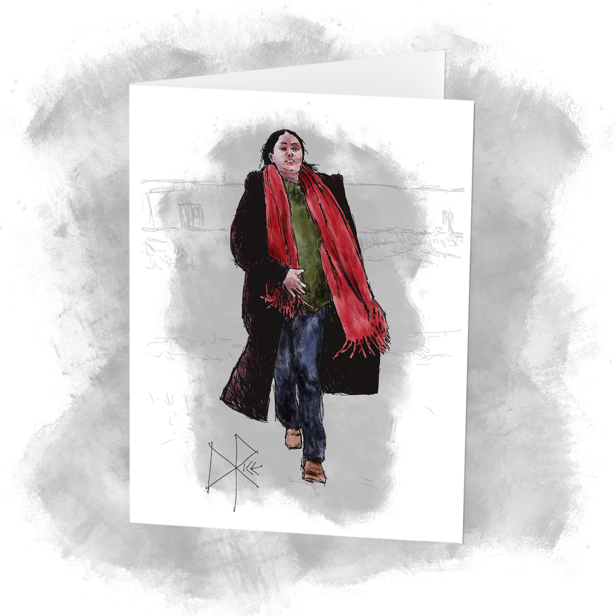 A woman walking outdoors in winter, with the wind blowing at her scarf and open overcoat. Sketch art by Don Rice.