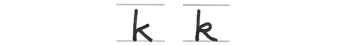 Two versions of the lowercase letter k shown on handwriting lines. On the left is k (straight k), formed with a vertical stroke and two diagonal strokes. On the right is looped k, where the diagonal strokes are connected by a small loop, creating a more continuous movement pathway.