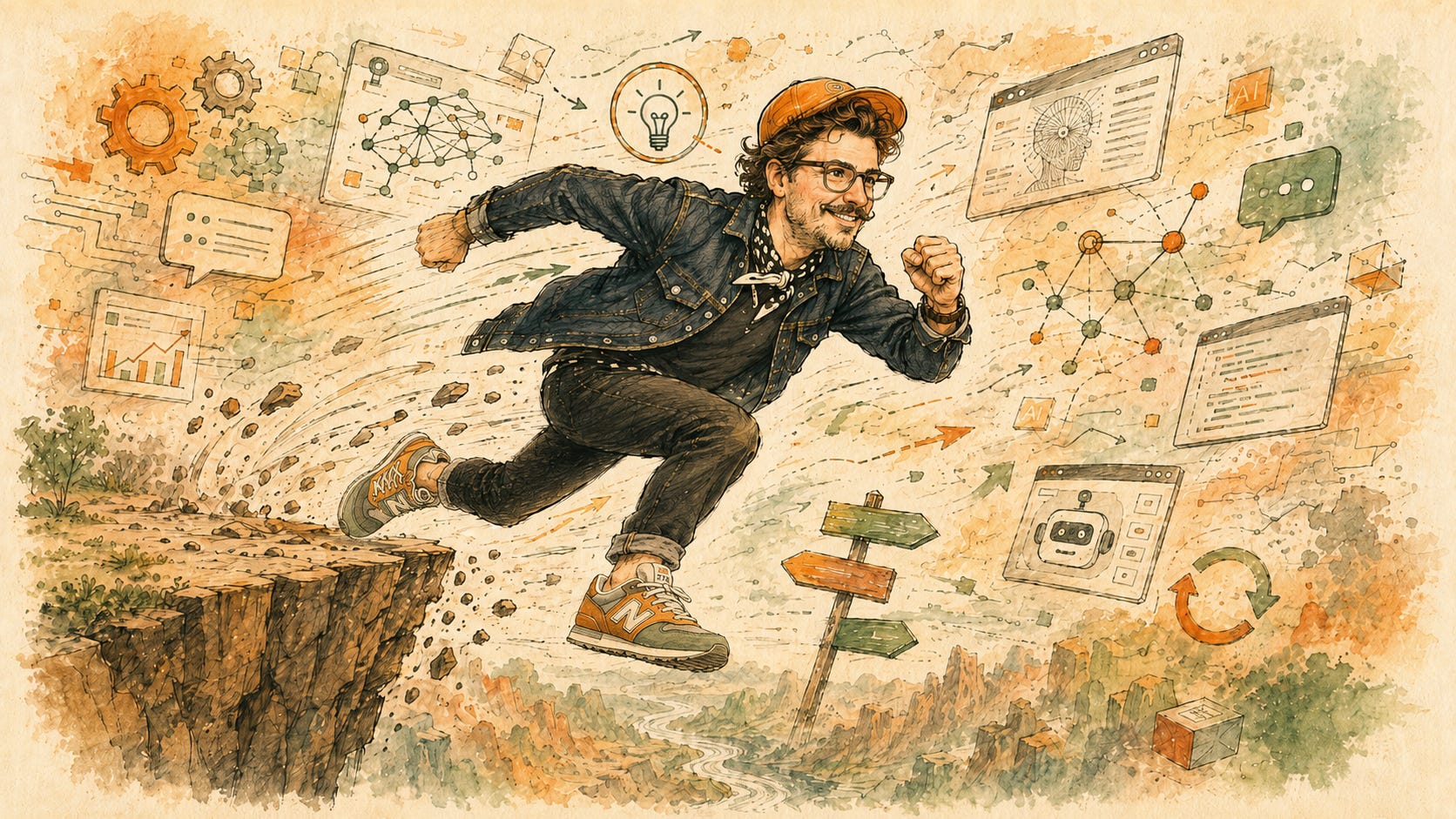 Watercolor-style illustration of Nicholas Rhodes sprinting off the edge of a cliff, still running in midair above a canyon. He wears an orange cap, glasses, a denim jacket, scarf, dark pants, and New Balance-style sneakers. Around him, floating AI symbols, interface windows, gears, arrows, chat bubbles, charts, and network diagrams swirl in motion, suggesting rapid technological change and uncertainty. Watercolor-style illustration of Nicholas Rhodes sprinting off the edge of a cliff, still running in midair above a canyon. He wears an orange cap, glasses, a denim jacket, scarf, dark pants, and New Balance-style sneakers. Around him, floating AI symbols, interface windows, gears, arrows, chat bubbles, charts, and network diagrams swirl in motion, suggesting rapid technological change and uncertainty.