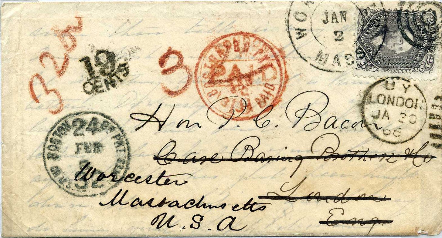 1866 cover from Worcester to London and back to Worcester