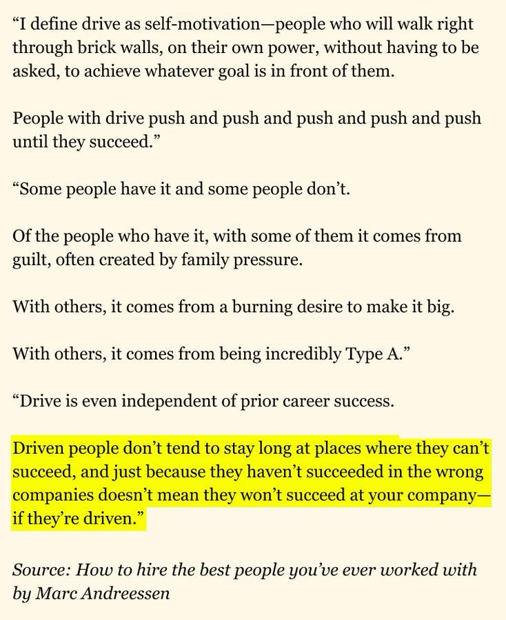 Text on a white background with black font, containing quotes attributed to Marc Andreessen about drive and self-motivation in the context of hiring and career success.