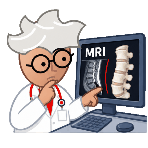 Digital Health Buzz medical mascot turns a dial to rotate a 3D spine view beside an MRI. Digital Health Buzz medical mascot turns a dial to rotate a 3D spine view beside an MRI.