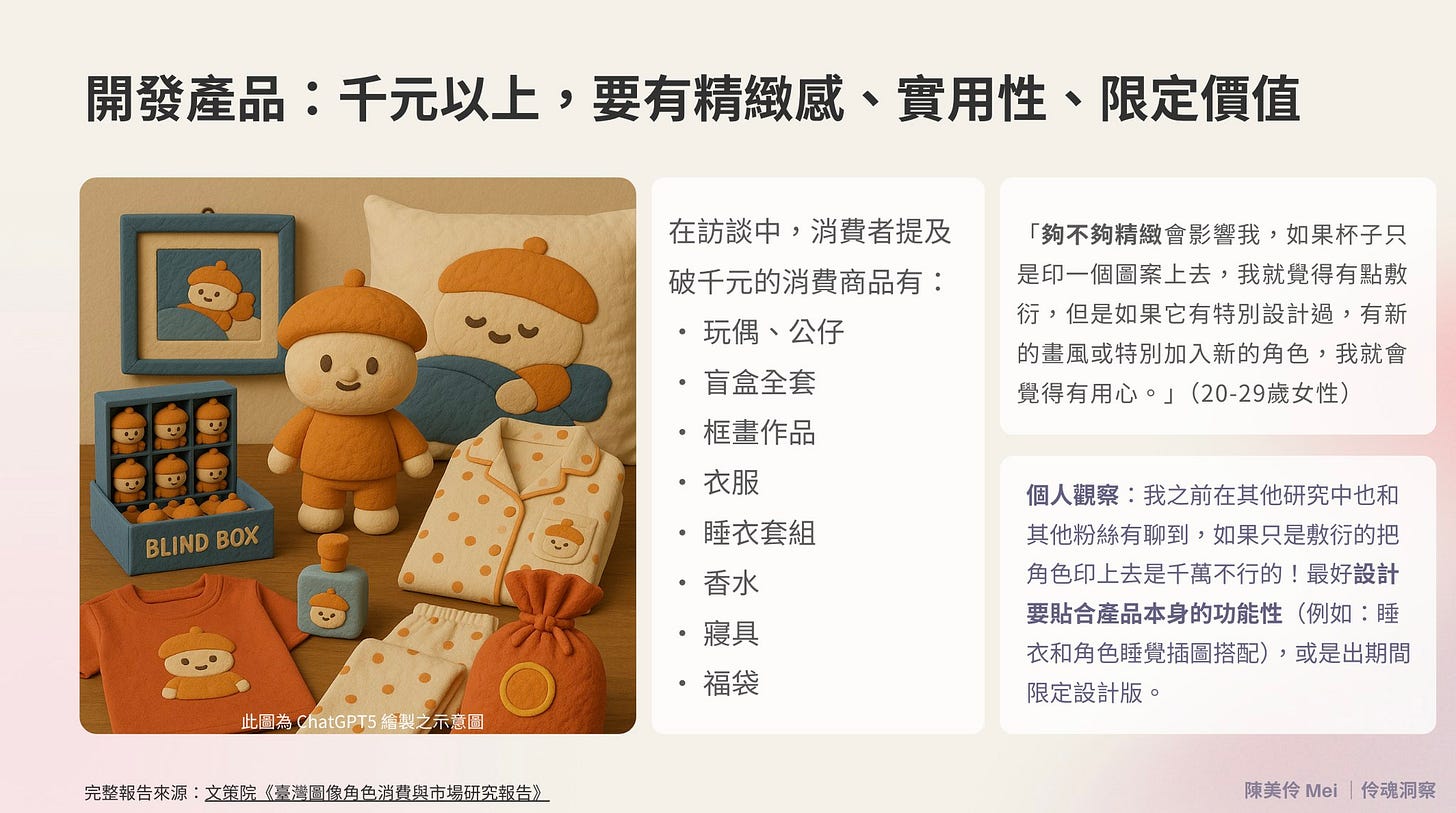 可能是牛角扣大衣和顯示的文字是「開發產品: 開發產品:千元以上,要有精緻感、實 显:千元以上,要有精緻感、實用性、限定價值 實用性 千元以上, 要有精緻感 限定價值 在訪談中,消費者提及 在訪談中, 消費者提及 破千元的消費商品有: •玩偶、公仔 ·玩偶 公仔 ·盲盒全套 ·框畫作品 「夠不夠精緻會影雲我 「夠不夠精緻會影響我,如果杯子只 如果杯子只 是印一個圖案上去,我就覺得有點敷 是印一個圖案上去, 我就覺得有點敷 衍, 但是如果它有特別設計過, 有新 的击風或特別加入新的角色,我就會 我就會 覺得有用心。 覺得有用心。(20-29嵗女性) (20-29嵗女性) BLIND BLINDBOX BOX ·衣服 ·睡衣套組 ·香水 香水 ·寝具 寝具 ·福袋 此國為ChatGPT5長之示点团 ChatGPTS 給製之示感團 此圖爲 個人觀察 我之前在其他研究中也和 其他粉絲有聊到 其他粉絲有聊到,如果只是敷行的把 如果只是敷衍的把 角色印上去是千萬不行的! 最好設計 要貼合產品本身的功能性 (例如:睡 睡 衣和角色睡覺插圖搭配) 或是出期間 限定設計版。 完整報告來源: 文憲院 文提院保時潮阳做角色沿背與市場研究設告》 陳美伶Mei|伶魂調察 陳美伶 Mei 伶魂洞察」的圖像 可能是牛角扣大衣和顯示的文字是「開發產品: 開發產品:千元以上,要有精緻感、實 显:千元以上,要有精緻感、實用性、限定價值 實用性 千元以上, 要有精緻感 限定價值 在訪談中,消費者提及 在訪談中, 消費者提及 破千元的消費商品有: •玩偶、公仔 ·玩偶 公仔 ·盲盒全套 ·框畫作品 「夠不夠精緻會影雲我 「夠不夠精緻會影響我,如果杯子只 如果杯子只 是印一個圖案上去,我就覺得有點敷 是印一個圖案上去, 我就覺得有點敷 衍, 但是如果它有特別設計過, 有新 的击風或特別加入新的角色,我就會 我就會 覺得有用心。 覺得有用心。(20-29嵗女性) (20-29嵗女性) BLIND BLINDBOX BOX ·衣服 ·睡衣套組 ·香水 香水 ·寝具 寝具 ·福袋 此國為ChatGPT5長之示点团 ChatGPTS 給製之示感團 此圖爲 個人觀察 我之前在其他研究中也和 其他粉絲有聊到 其他粉絲有聊到,如果只是敷行的把 如果只是敷衍的把 角色印上去是千萬不行的! 最好設計 要貼合產品本身的功能性 (例如:睡 睡 衣和角色睡覺插圖搭配) 或是出期間 限定設計版。 完整報告來源: 文憲院 文提院保時潮阳做角色沿背與市場研究設告》 陳美伶Mei|伶魂調察 陳美伶 Mei 伶魂洞察」的圖像