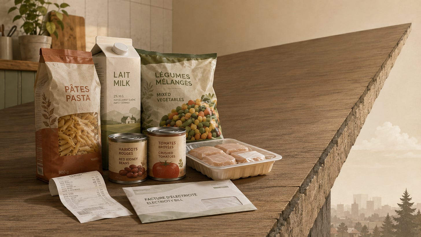 Groceries, a receipt and an electricity bill sit on a wooden kitchen surface that rises toward a cliff-like edge, symbolizing how higher food costs push household budgets closer to the brink.