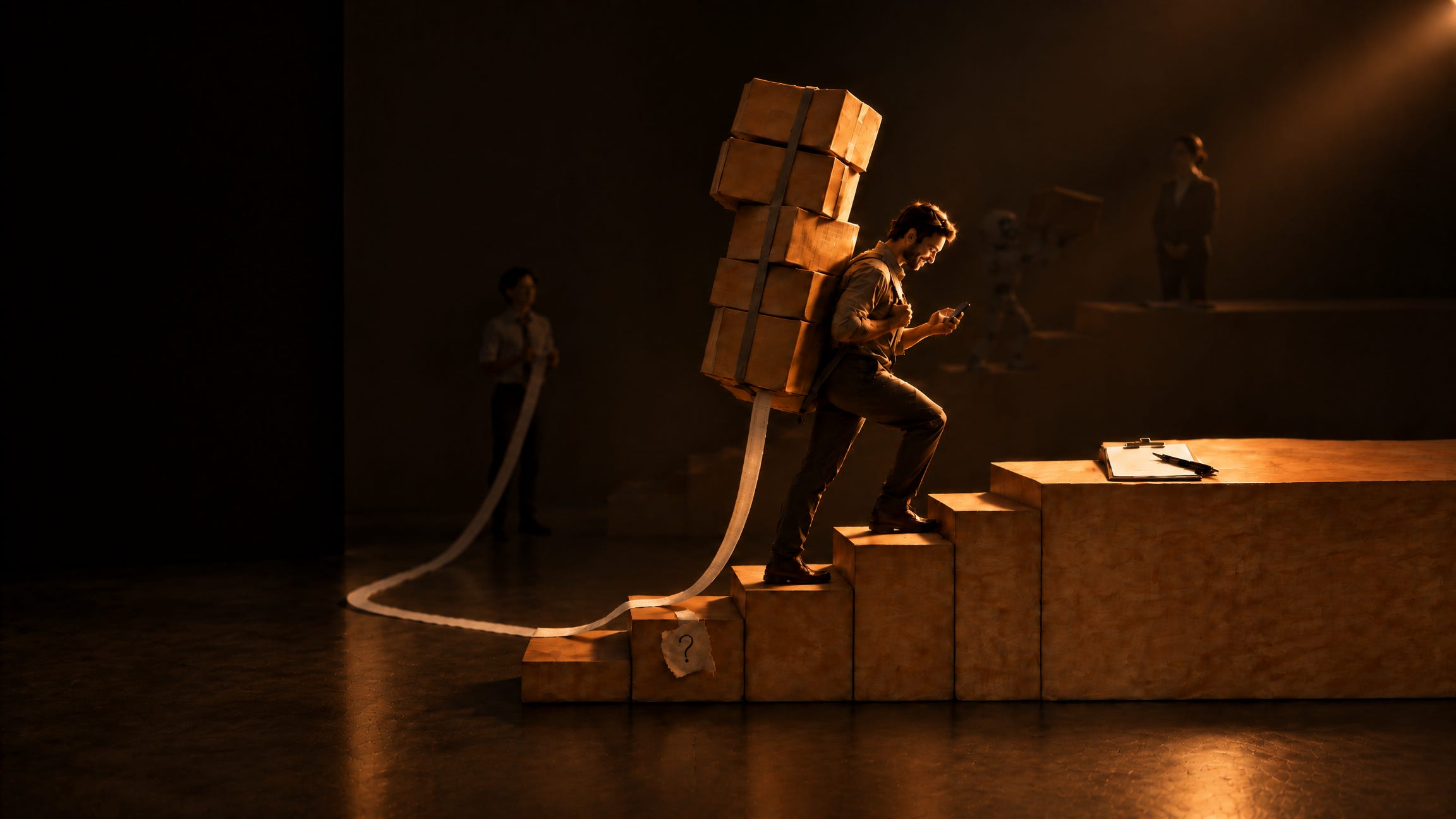 In a dark room, a smiling man looks at his phone as he climbs five wooden steps toward a landing, a tall, leaning stack of cardboard boxes strapped to his back, the top boxes tipping. A paper receipt trails from the boxes down the steps to a young man standing in the shadows behind. A torn note with a question mark sits on the lowest step, and a clipboard with a blank signature line and a pen waits on the landing. Further back, dim and out of focus, a robot lifts another box and a woman in a suit stands waiting. Placement: Substack header and the LinkedIn link card. If a title is overlaid, it goes in the dark left third, as on the Integration Layer cover. Alternates kept: the dusk oil painting In a dark room, a smiling man looks at his phone as he climbs five wooden steps toward a landing, a tall, leaning stack of cardboard boxes strapped to his back, the top boxes tipping. A paper receipt trails from the boxes down the steps to a young man standing in the shadows behind. A torn note with a question mark sits on the lowest step, and a clipboard with a blank signature line and a pen waits on the landing. Further back, dim and out of focus, a robot lifts another box and a woman in a suit stands waiting. Placement: Substack header and the LinkedIn link card. If a title is overlaid, it goes in the dark left third, as on the Integration Layer cover. Alternates kept: the dusk oil painting