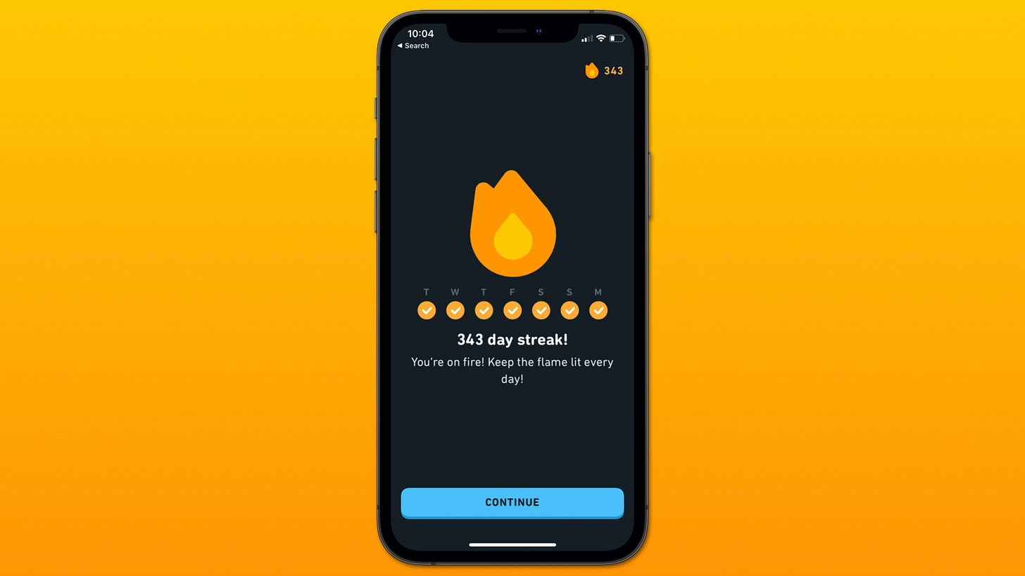 A screenshot of Duolingo's streak interface. This user has managed to reach a streak of 343 days.