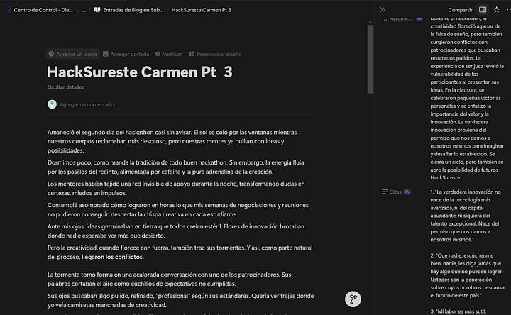 Sistema editorial en Notion diseñado por Diego Maury para organizar su blog en Substack. Incluye flujo de trabajo por etapas (idea, planeación, desarrollo y publicación), categorización temática, fechas, objetivos estratégicos y uso de inteligencia artificial. El panel combina vistas tipo tablero, calendario y tabla para estructurar contenido sobre innovación, emprendimiento y transformación social.