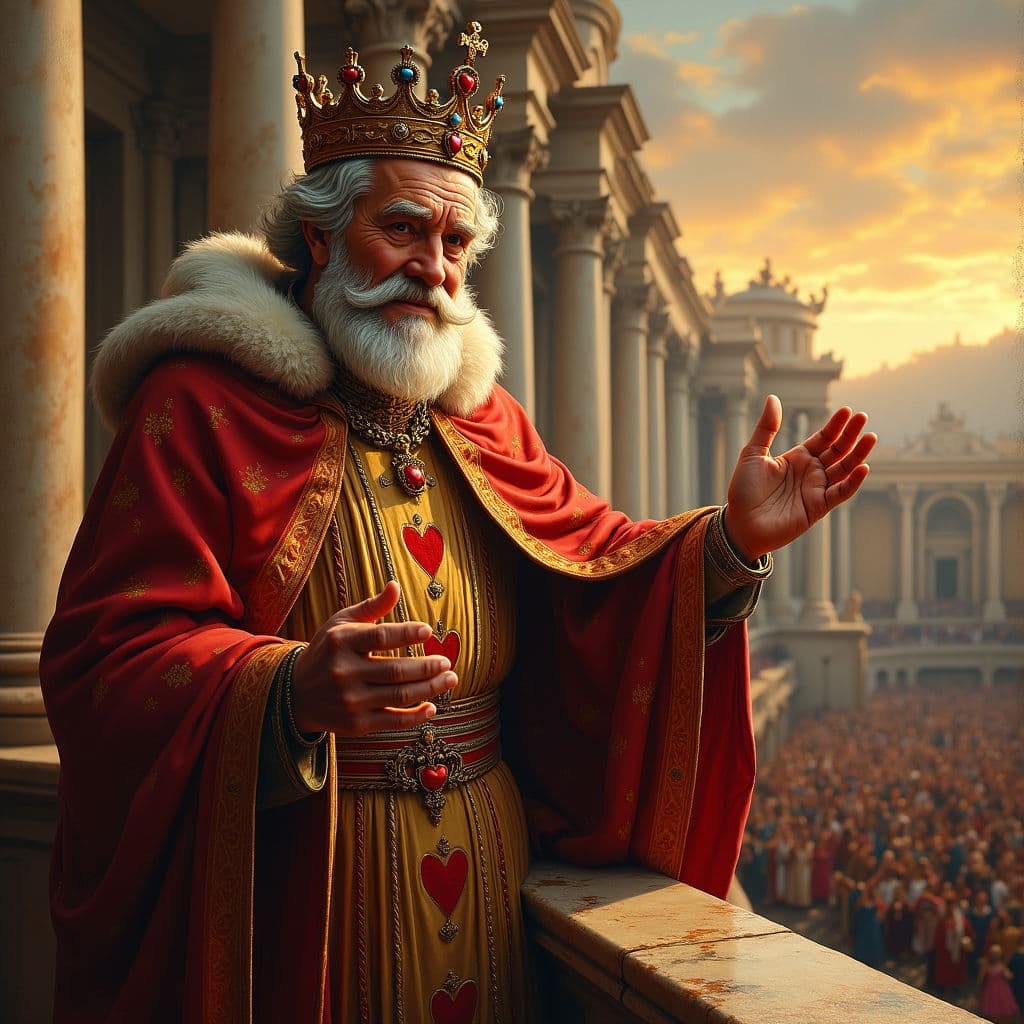 A Renaissance-style painting of an older King of Hearts standing on a grand marble balcony, lovingly waving to his people below. He wears an ornate red and gold robe adorned with heart motifs, and a jeweled crown sits atop his graying hair. His face is wise and gentle, with a short beard and soft, kind eyes. The painting is rich in light and shadow, using dramatic chiaroscuro to highlight the king against a sunset sky. The balcony is carved with classical detail, and hints of the crowd below are seen in the composition. Painted in the refined, elegant style of Renaissance masters like Raphael or Titian.