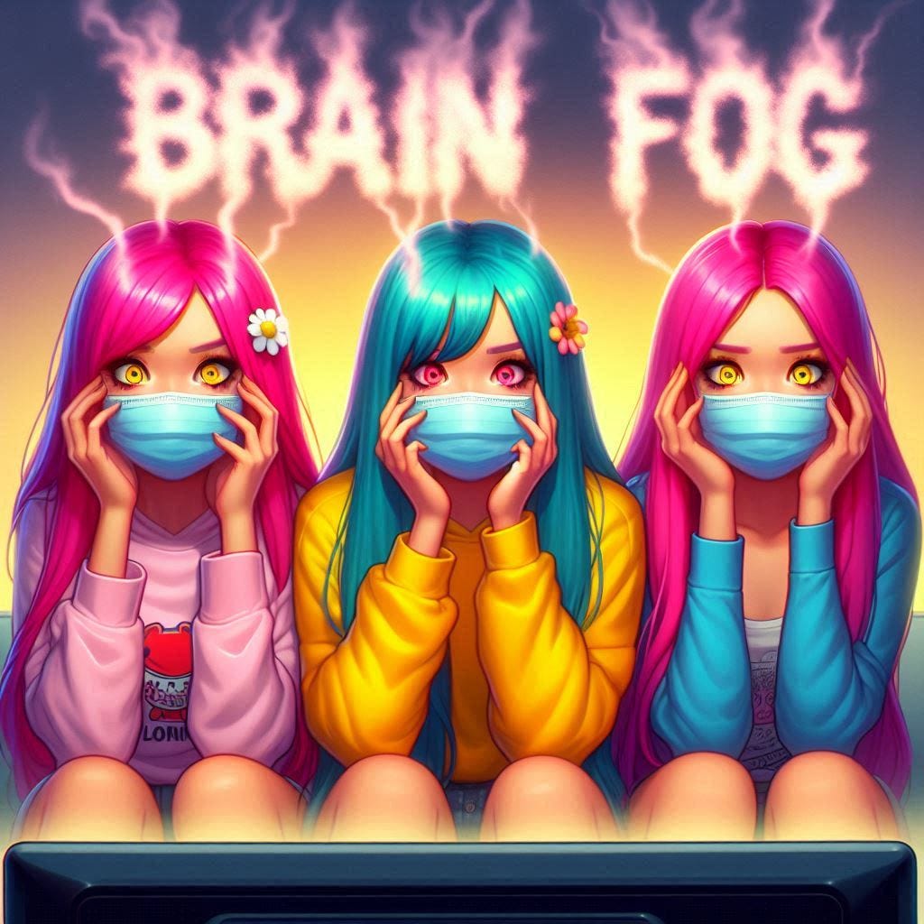 cartoon, photorealistic style, three teen japanese girls with brightly colored hair and wearing covid masks, watching tv, hands held to their temples, staring at the viewers, worried and troubled looks on their faces, words floating above their heads say "Brain Fog" written in smoke