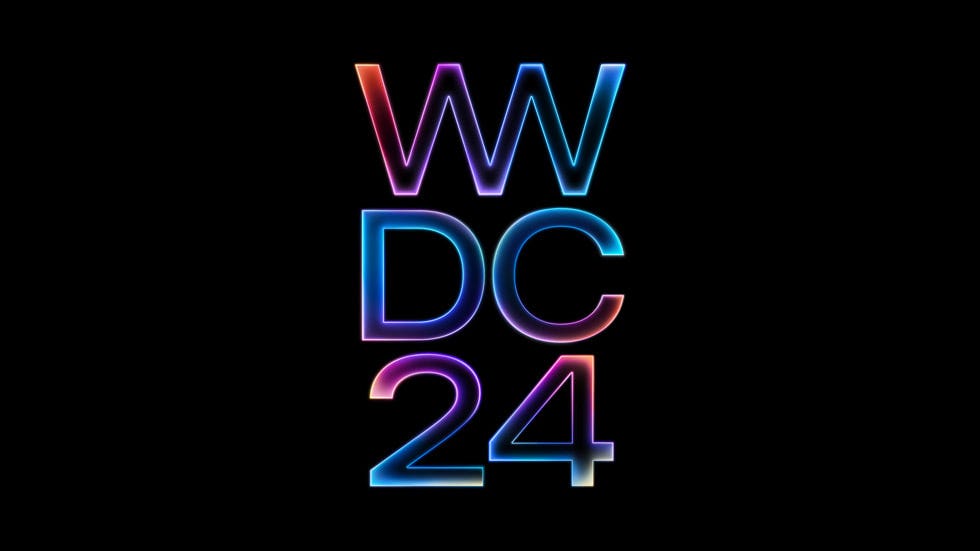 WWDC24 in a multicolor, metallic font is set against a black background.
